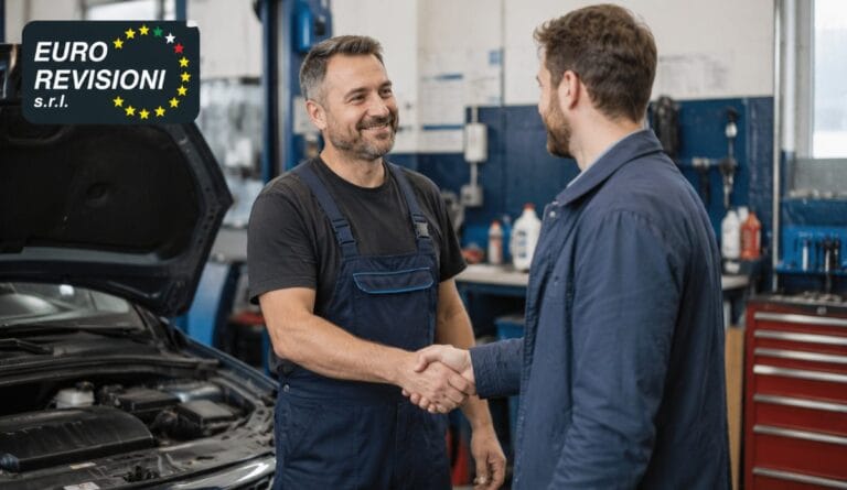 Meccanico e cliente si stringono la mano dopo aver fatto il tagliando all'auto