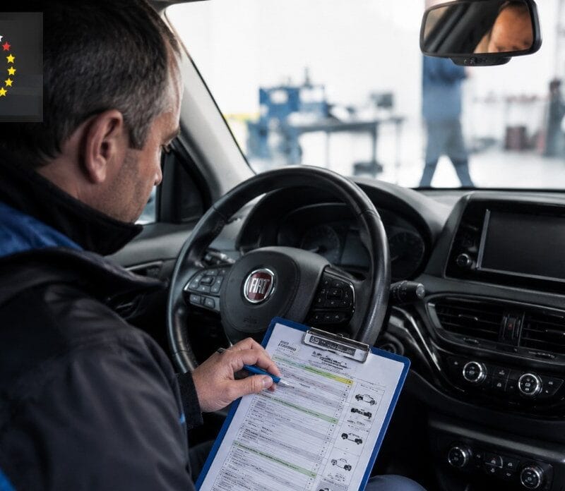 Meccanico di Euro Revisioni che sta controllando il sistema frenante di un'auto.