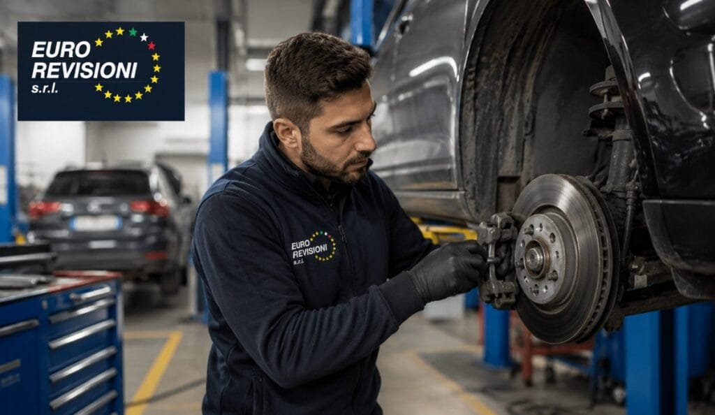 Meccanico Eurorevisioni che aggiusta i dischi dei freni di un'auto