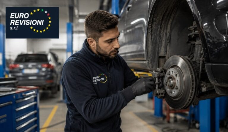 Meccanico Eurorevisioni che aggiusta i dischi dei freni di un'auto