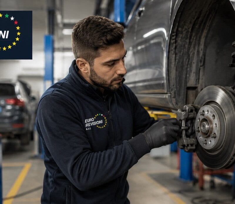 Meccanico Eurorevisioni che aggiusta i dischi dei freni di un'auto
