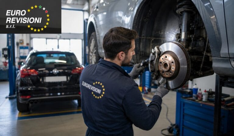 Meccanico di Eurorevisioni a Torino che cambia i dischi in un'auto.
