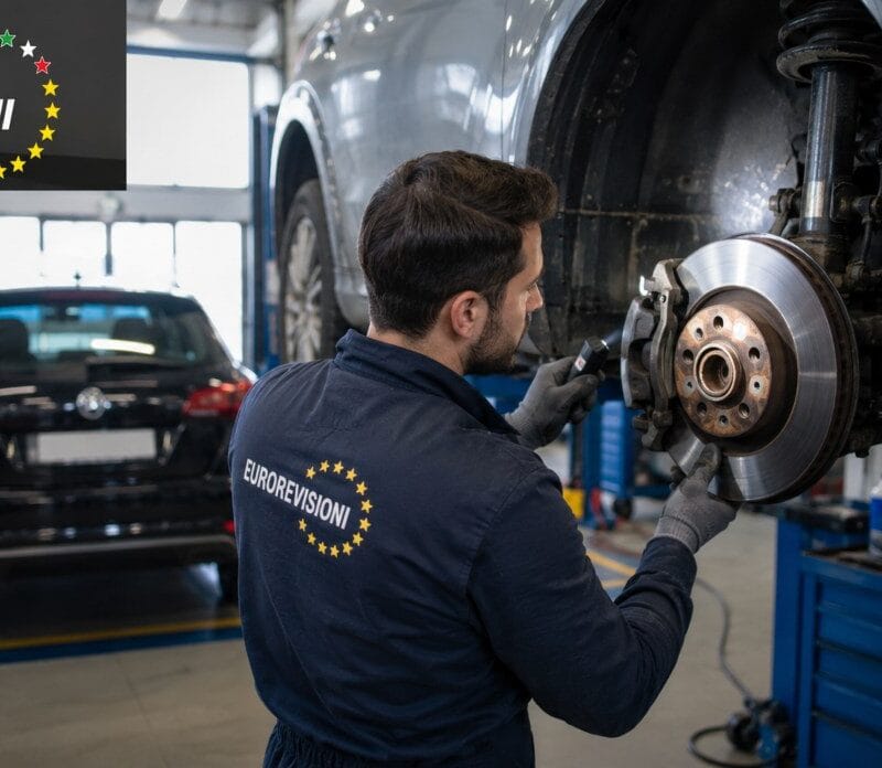 Meccanico di Eurorevisioni a Torino che cambia i dischi in un'auto.