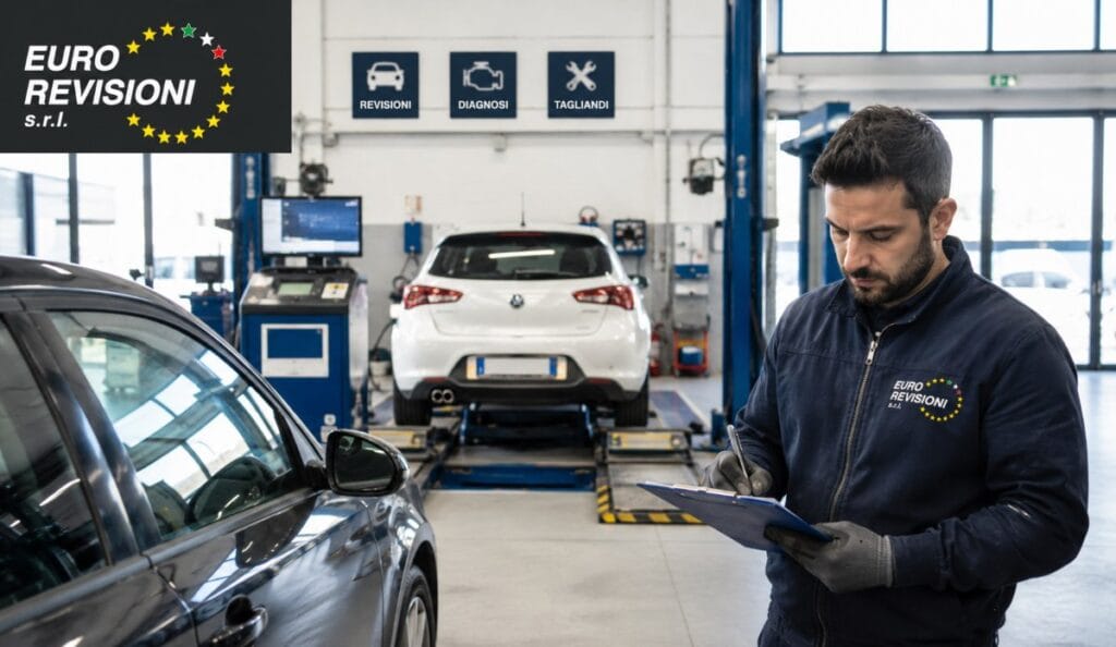 Officina Euro Revisioni con meccanico che fa revisione auto.