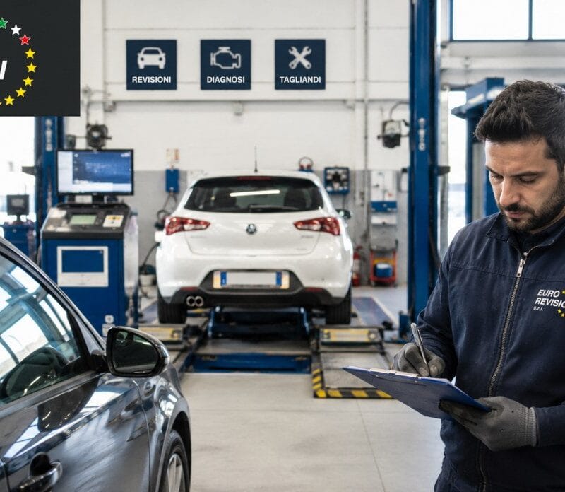 Officina Euro Revisioni con meccanico che fa revisione auto.
